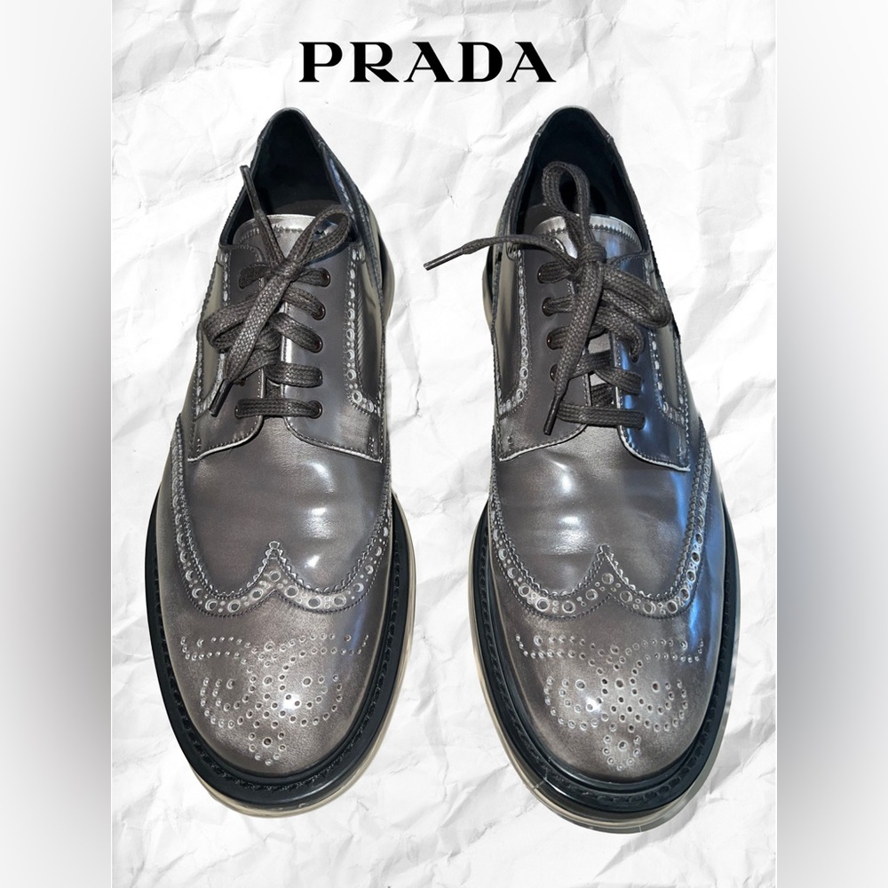 Prada Levitate Distressed Grey Leather Oxford Brogues